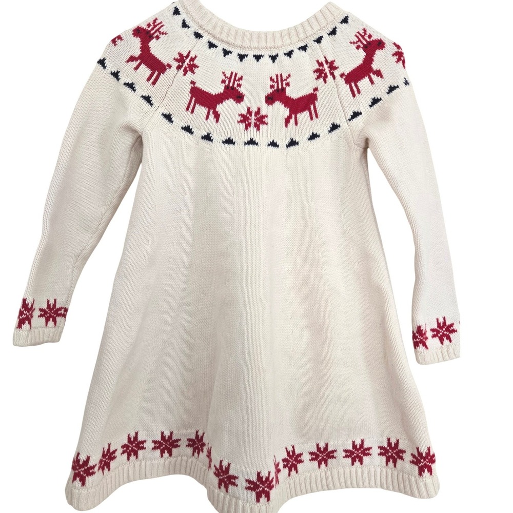 Hanna Andersson Girls Reindeer Fair Isle Sweater Dress White Red Size 100 US 4T